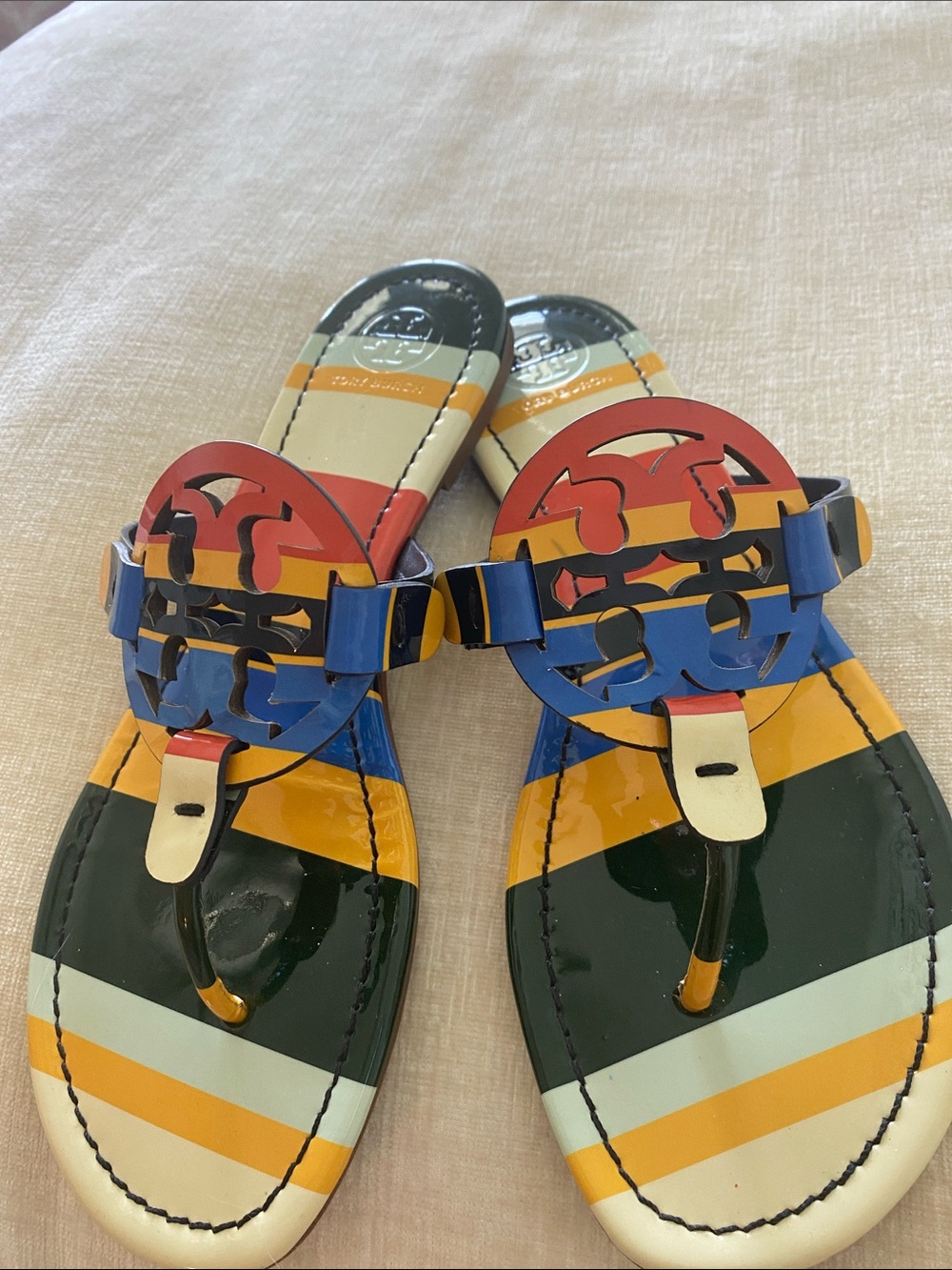 Tory Burch Multicolor Striped Patent Leather Logo Thong Sandals